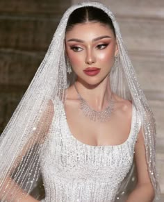 a woman wearing a wedding dress and veil