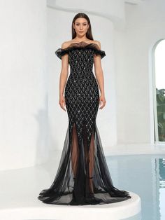 New Sparkling Diamond Embellished Sexy Open Shoulder Mermaid Maxi Bandage Evening Dress, Elegant Women Long Formal Gown For Banquet, Black Prom Dress, For Wedding Guest, Graduation, Dinner Black Glamorous  Sleeveless Knitted Fabric Colorblock,Geometric,All Over Print Bodycon Medium Stretch  Weddings & Events, size features are:Bust: ,Length: ,Sleeve Length: Prom Gown Elegant, Dress For Wedding Guest, Graduation Dinner, Wedding Event Dresses, Long Formal Gowns, Dress For Wedding, Black Prom Dress, Black Prom, فستان سهرة