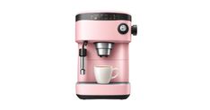 a pink espresso machine with a white cup