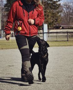 a woman in red jacket walking with black dog