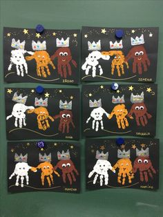 four pieces of artwork depicting different types of animals with crowns on their heads and hands