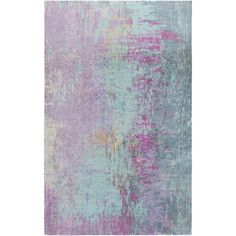 an abstract rug with pink, blue and green paint on the bottom half of it