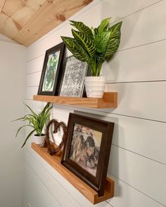 two wooden shelves with pictures and plants on them