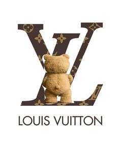 a teddy bear sitting in front of the louis vuitton logo on a white background