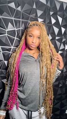 Brown And Pink Braids Black Women, Brown And Pink Twists, Brown And Pink Island Twist, Island Twists Peek A Boo, Pink And Blonde Peekaboo Braids, Ginger Pink Braids, Pink And Blonde Twists, Peekaboo Locs Pink, Weave Color Ideas Hair Black Women