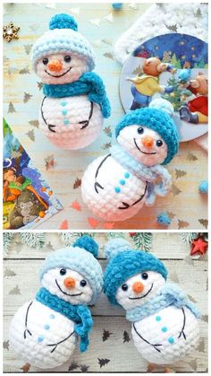 crocheted snowmen with hats and scarves are shown in three different photos