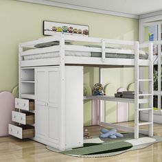 there is a bunk bed with a desk and drawers in the room next to it