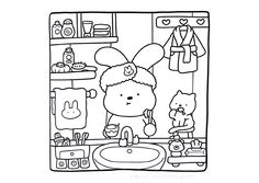 a black and white drawing of a girl in the bathroom with her teddy bear on the sink