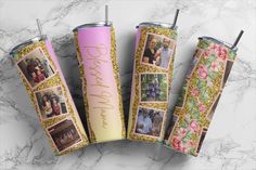 three personalized insulated tumbles with photos on them and the words, happy birthday