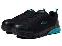 SKECHERS Work Glide Step SR - Alloy Toe - Women's Shoes : Black/Teal : Stay comfortable all day long wearing these super soft and sporty SKECHERS Work Glide Step SR - Alloy Toe Shoes. Alloy toe rated ASTM F2412/2413-2011 I/75 C/75/Glide-Step geometric midsole designed to provide natural momentum. Breathable mesh and synthetic upper. Soft fabric lining. Lace-up closure. Pull loops for easy wear and removal. Signature brand name logo on the upper and tongue. Removable synthetic memory foam footbed Shoes Skechers, Sneakers Athletic, Black Shoes Women, Name Logo, Skechers Shoes, Toe Shoes, Sketchers Sneakers, Shoes Black, Easy Wear