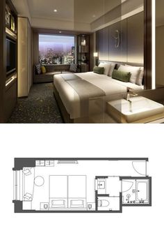 the floor plan for a hotel room with a bed, desk and television in it