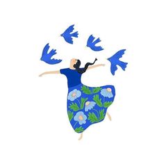 a woman is flying through the air with birds around her