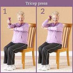 an older woman sitting on a wooden chair doing exercises for her arm and leg muscles