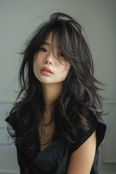 Female Haircuts Straight Hair, Long Haircut Not Styled, Hair Cuts Long Hair Layers Bangs, Haircuts With Layers And Curtain Bangs, Long Black Wolf Cut, Felco Haircut Girl Long Hair, Long Wolf Cut Chubby Face, Long Wolfcut With Bangs, Long Haircut Asian