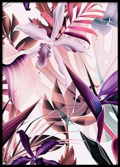 an abstract floral painting with pink, purple and green leaves