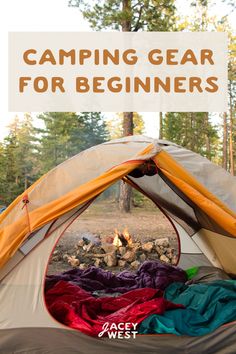 a tent with the words camping gear for beginners in front of it and an image of