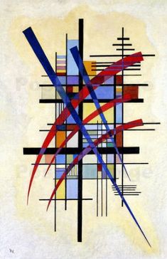 an abstract painting with blue, red and yellow lines