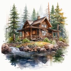 a watercolor painting of a log cabin on the shore of a lake with a waterfall