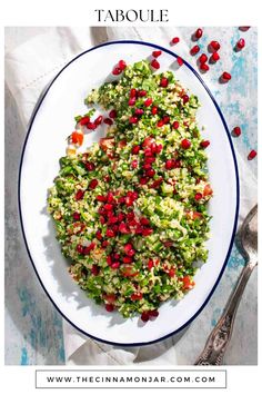 Taboule salad on a white oval plate, scattered with pomegranate seeds. Arabic Salad, Lebanese Salad, Bulgur Wheat, Vegetarian Salad, Tabbouleh Salad, Lebanese Cuisine, Vegetarian Salad Recipes, Pasta Sides, Vegetarian Salads