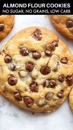 a chocolate chip cookie with the words almond flour keto cookies no grains, pale low carb