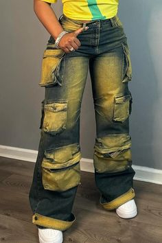 Olivia Mark - Soft Distressed Denim Cargo Jeans with Adjustable Waist and Functional Pockets Denim Cargo Jeans, Denim Cargo Pants, Denim Cargo, Jeans Online, Cargo Jeans, Lemon Yellow, High Waisted Denim, Wholesale Fashion, Dance Wear