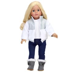 a doll with blonde hair and blue eyes wearing jeans, a white jacket and gray boots