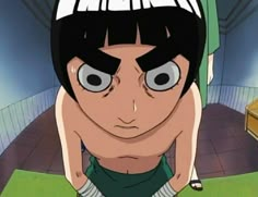 an anime character with black hair and big eyes looking at the camera while standing in a room