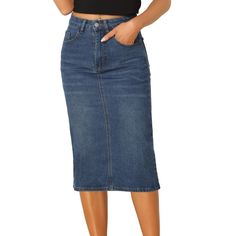 Elevate your style with this versatile and trendy denim skirt. Crafted from good quality denim, it offers both comfort and durability. The high waist design flatters your figure and accentuates your curves, while the stretchy fabric ensures a perfect fit. The midi length adds a touch of sophistication, making it suitable for various occasions. Whether you're going for a casual day out or a night on the town, this denim skirt is a must-have in your wardrobe. Pair this jean skirt with a tucked-in Pencil Denim Skirt, Midi Jean Skirt, Casual Denim Skirt, High Waist Midi Skirt, Womens Denim Skirts, Skirts Casual, Midi Jeans, Jean Skirts, Trendy Denim