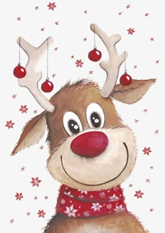 a painting of a reindeer with red nose and antlers on it's head