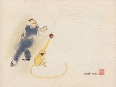 a drawing of a man holding an apple next to a monkey on a white background