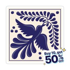 a blue and white sticker with an image of a bird on it's back