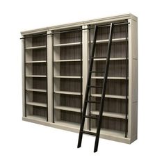 an empty bookcase with two ladders on the front and one leaning against it