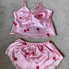 Pink Cherry Pajama Set !! Never Worn !! Cherry Pajama Set, Coquette Pj Set, 2000 Pajamas, Trashy Y2k Pajamas, Cute V-neck Sleepwear For Loungewear, Cute V-neck Summer Sleepwear, Pink V-neck Sets For Pajama Party, Pink V-neck Pajama Party Set, Pink Summer Sleepwear For Bedtime