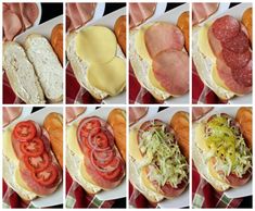 several pictures of different types of sandwiches with meats and cheese on them, along with tomatoes