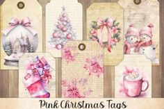 pink christmas tags with snowmen, trees and gifts on them are hanging from wooden boards