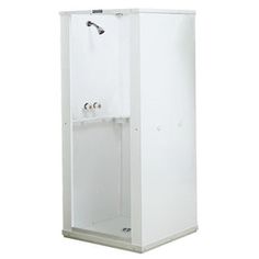 a tall white cabinet with an open door on the front and bottom sides, is shown against a white background