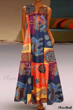 Olivia Mark - Orange Print Patchwork V Neck A Line Dress – Casual and Chic for College Fashion Plus Size Holiday Dresses, Color Block Maxi Dress, Tank Dresses, Printed Casual Dresses, Dresses Boho, Look Retro, Womens Shift Dresses, Ethnic Print, Maxi Robes