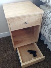 Hidden Bedside Gun Safe Nightstand - Traditional...i would secure the drawer and use pick foam to ensure the weapon doesn't rattle if the stand was tossed by a burglar. Storage Nightstand, Japanese Woodworking, Nightstand Storage, Hiding Places