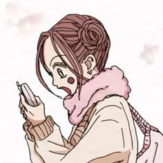 a drawing of a woman holding a cell phone in her right hand and wearing a scarf around her neck