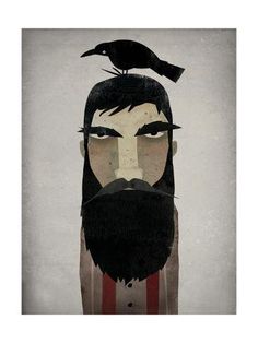 a bird sitting on top of a man's head with long hair and beard