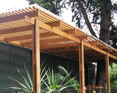 an outdoor covered patio area with wooden pergols and potted plants in the foreground