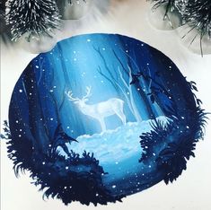 a painting of a deer in the woods with snow falling on it's ground