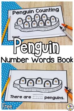 penguin number words book with pencils next to it and two pictures of penguins on the page