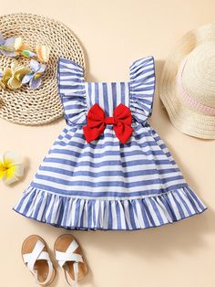 Blue and White  Collar Sleeveless Fabric Striped A Line Embellished Non-Stretch  Baby Girls Clothing Cute Sleeveless Dress With Ruffles For Summer, Playful Sleeveless Dress With Bow, Playful Sleeveless Ruffled Dress, Blue Cotton Sleeveless Dress With Ruffles, Sleeveless Summer Dress With Bow, Sleeveless Beach Dress With Bow, Beach Sleeveless Dress With Bow, Blue Sleeveless Dress For Beach, Striped Ruffle Dress For Playtime