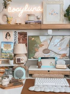 a desk with a computer, lamp and other items on the shelves above it that says coolfluna