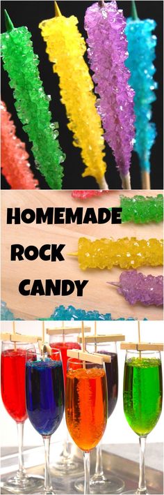 homemade rock candy in glasses with text overlay that says homemade rock candy and four different colors