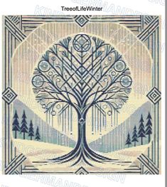 a cross stitch pattern with a tree in the middle and mountains behind it, as well as