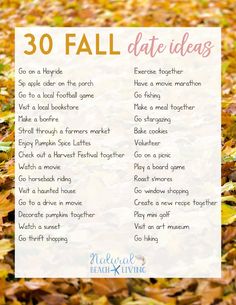 the 30 fall date ideas list with leaves on the ground and text overlaying it