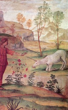 the painting shows a man feeding sheep in a mountainous landscape, with trees and flowers