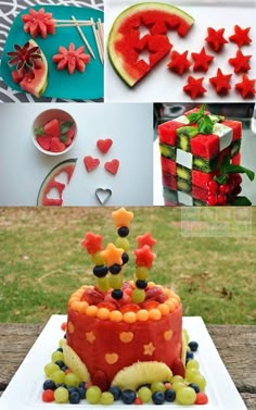 the cake is decorated with fruit and has hearts on it, as well as other decorations